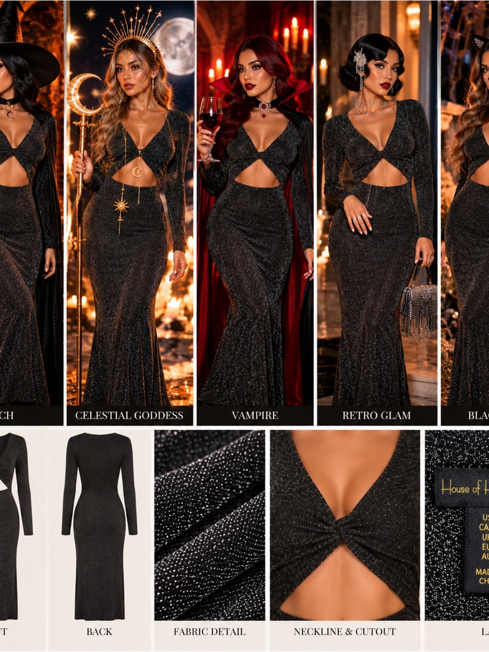House of Harlow 1960 Black Sparkle Twist Cutout Maxi Dress